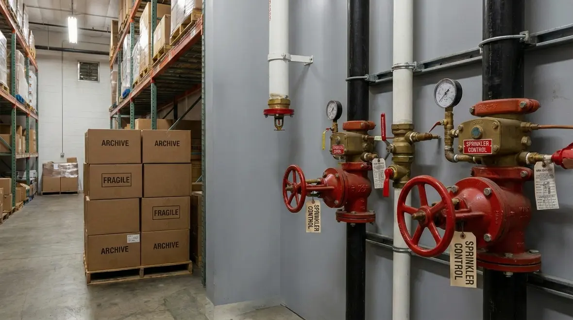 Fire sprinkler system and extinguishers in a commercial building