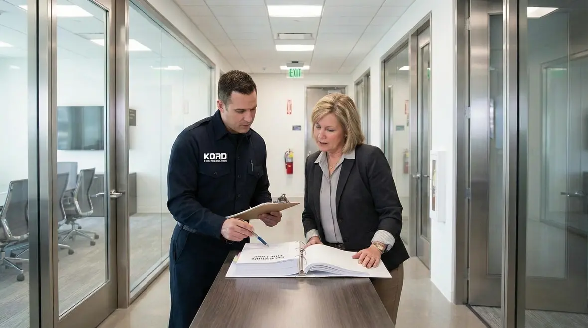 Fire inspector reviewing a San Francisco business