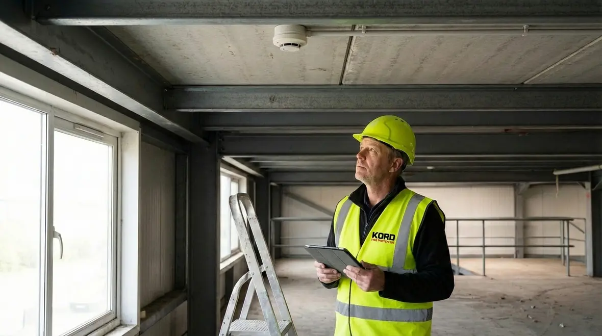 Technician reviewing commercial fire alarm upgrade requirements