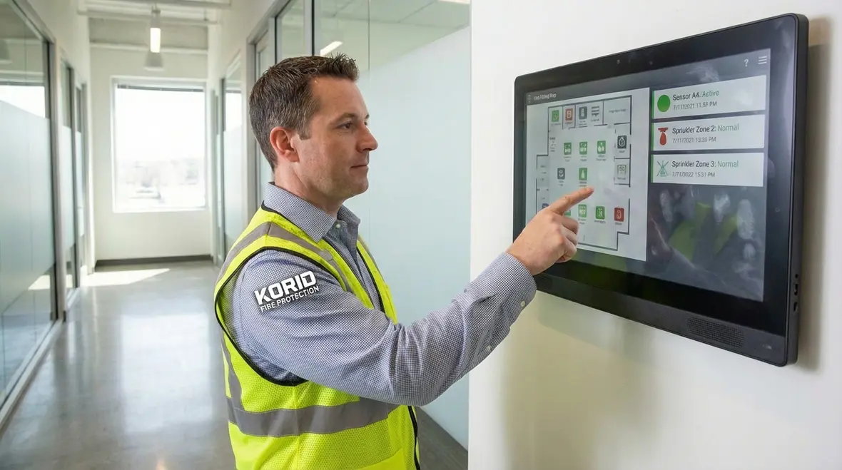 Inspector reviewing fire alarm code update requirements