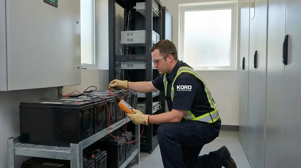 Technician testing fire alarm batteries under load