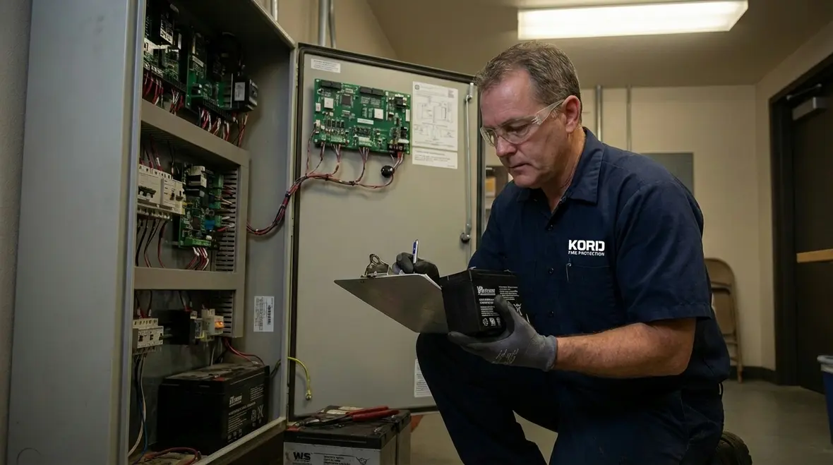 Kord Fire Protection technician inspecting fire alarm control panel batteries