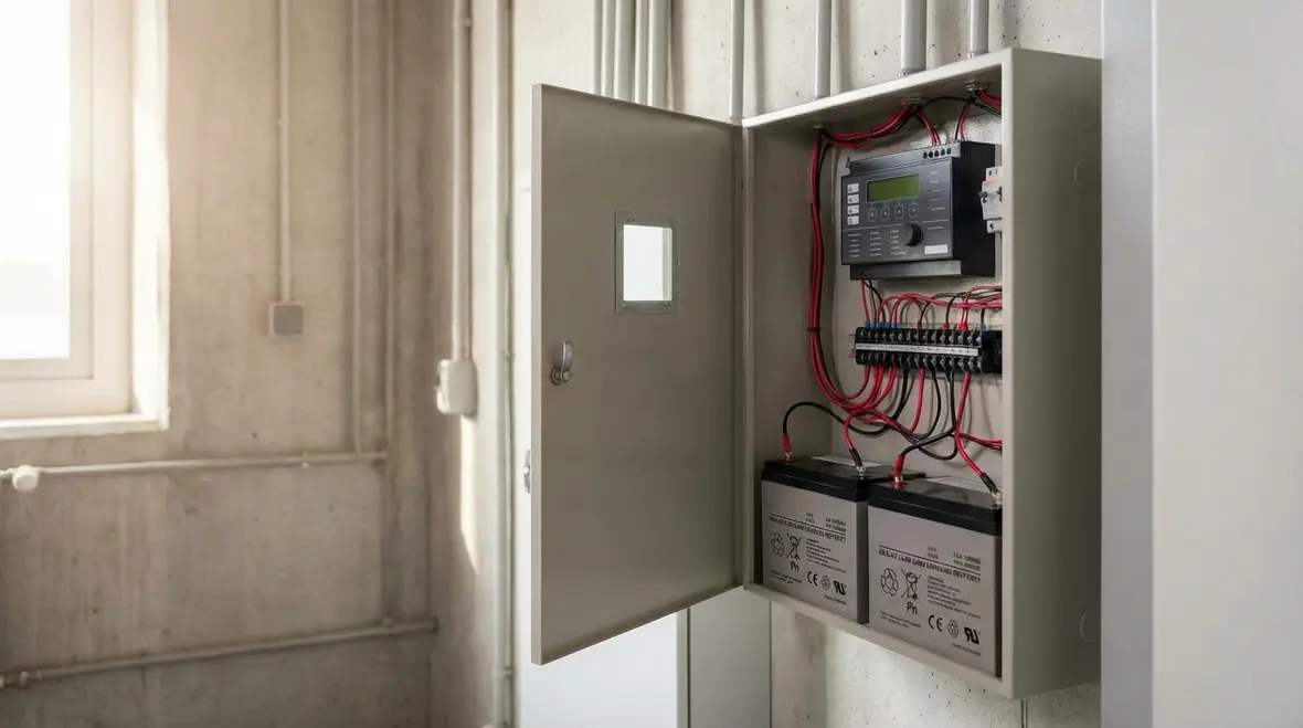 Technician reviewing a fire alarm battery maintenance schedule
