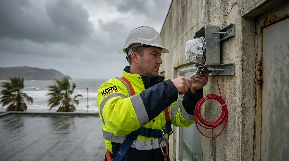 Upgraded weather rated fire alarm devices on a coastal island property