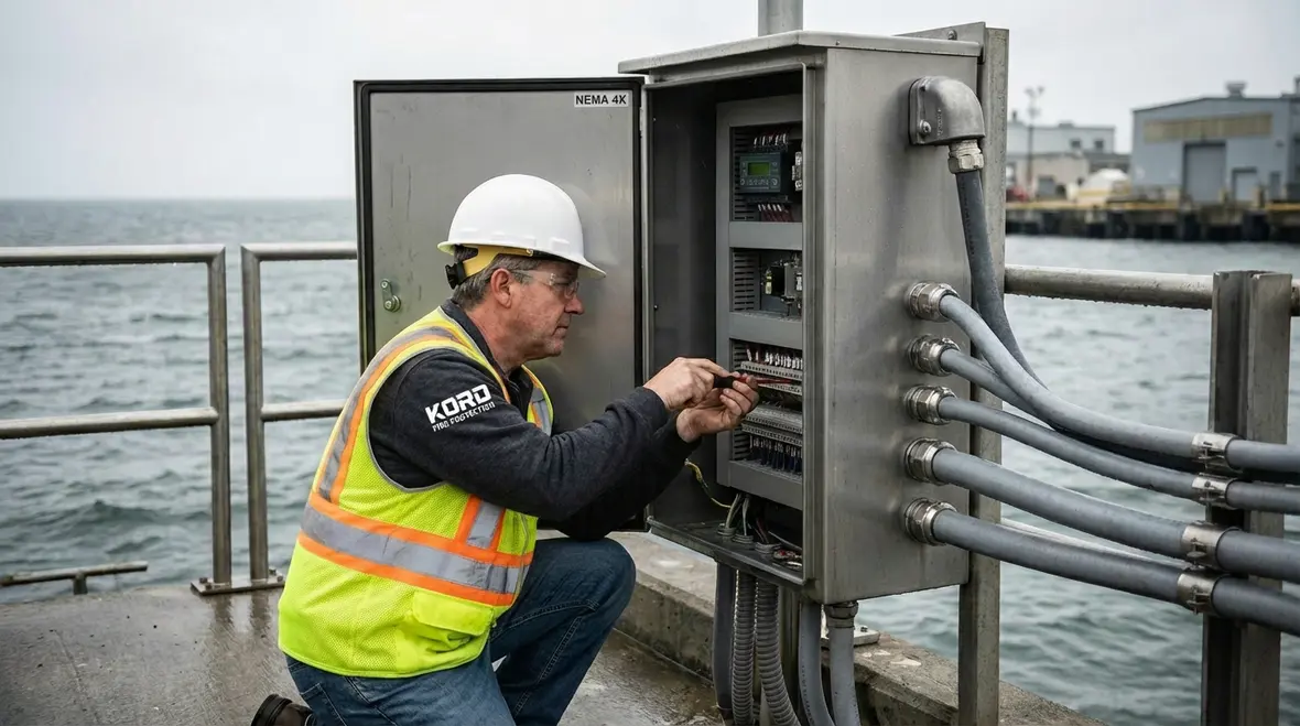 Coastal building fire alarm devices and wiring exposed to salt air