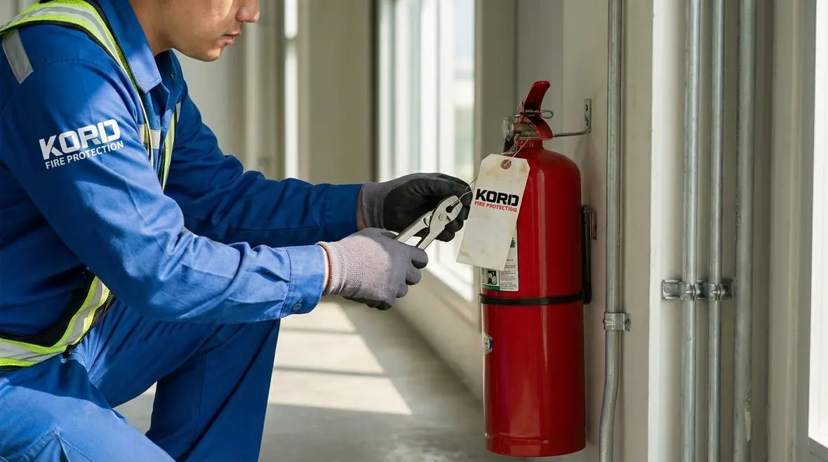 Building manager and technician reviewing fire extinguisher tagging records together