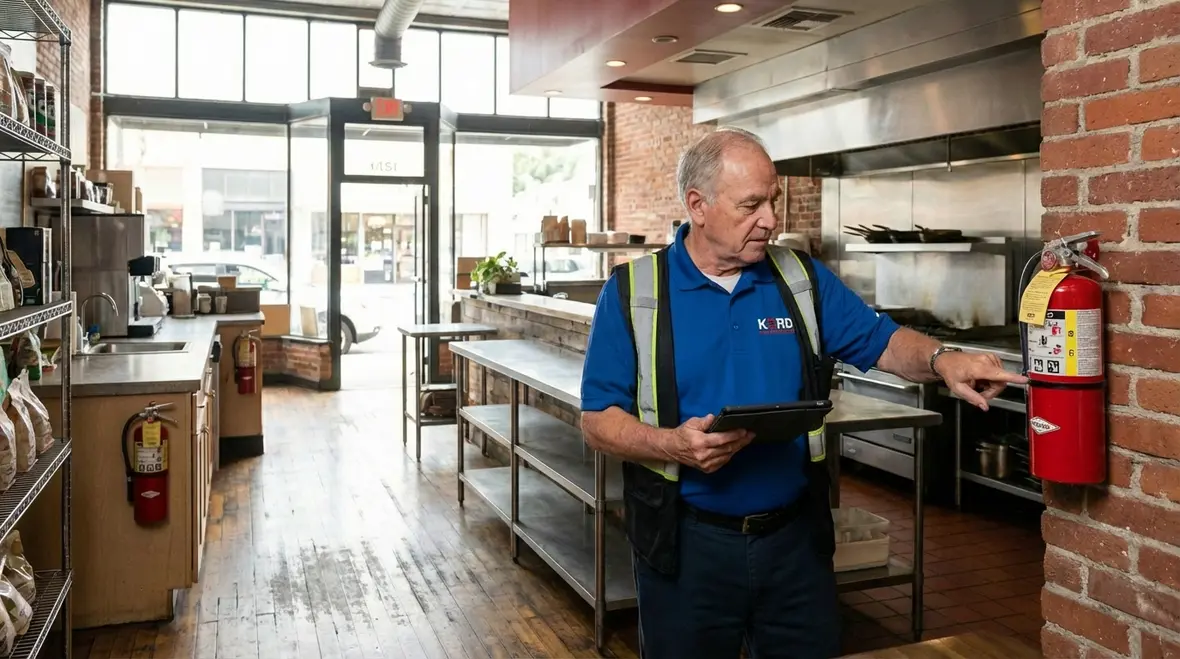 Fire extinguishers mounted in a Glendale business hallway