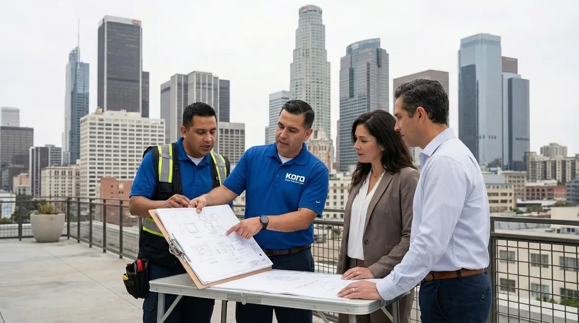 Employees practicing building evacuation during fire drill