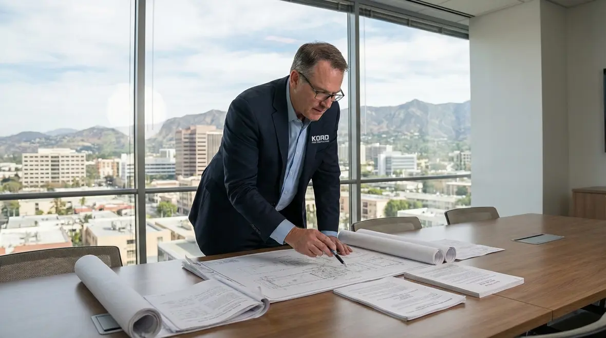 Technician reviewing fire safety codes in a Glendale facility