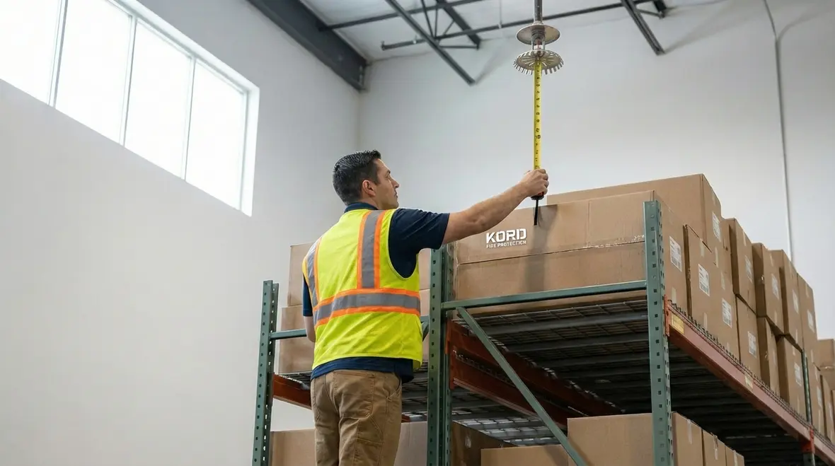 Diagram-style view of fire sprinkler discharge pattern and clearance zone