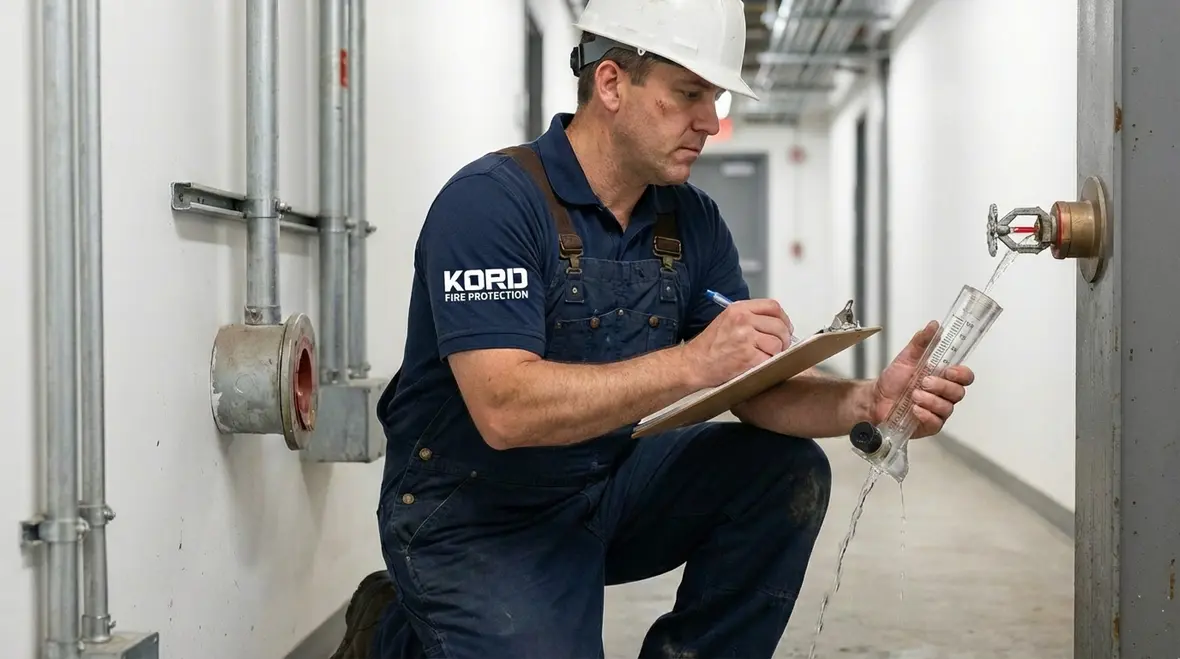 Kord Fire technician documenting fire sprinkler flush results