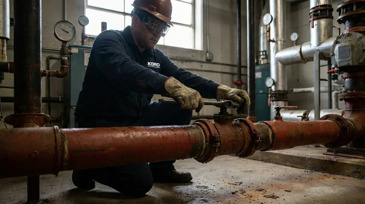 Technician performing fire sprinkler system flushing