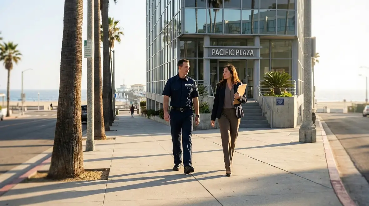 Technician performing annual fire system testing in Santa Monica commercial building