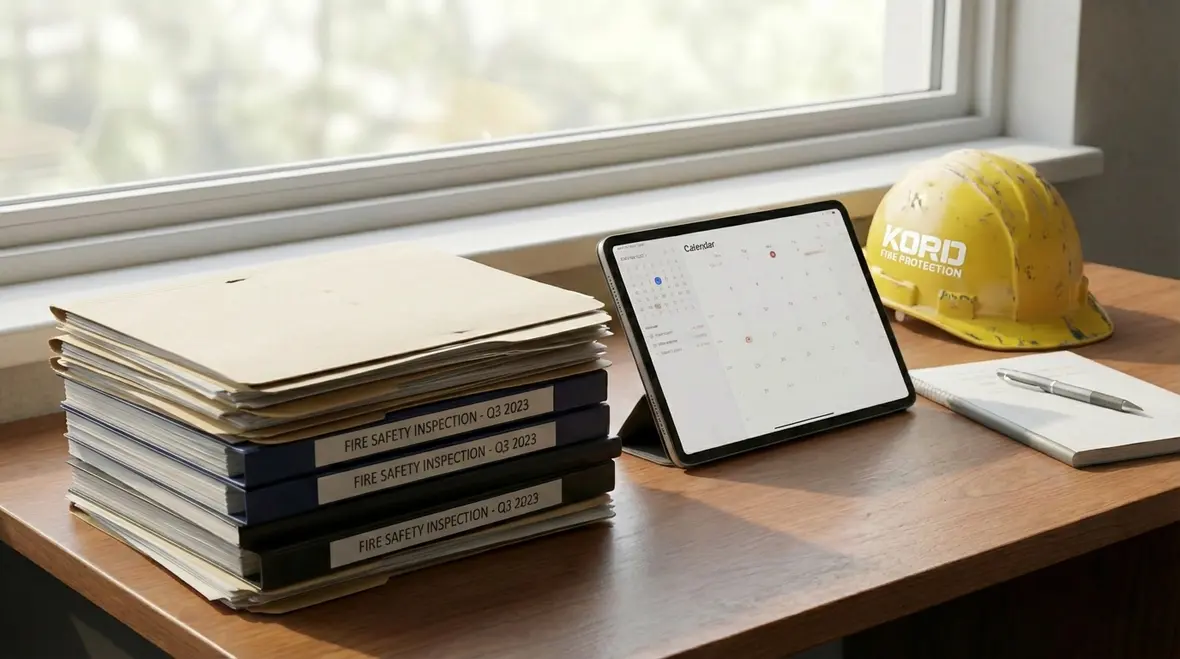 Inspector identifying common fire protection deficiencies in Santa Monica building