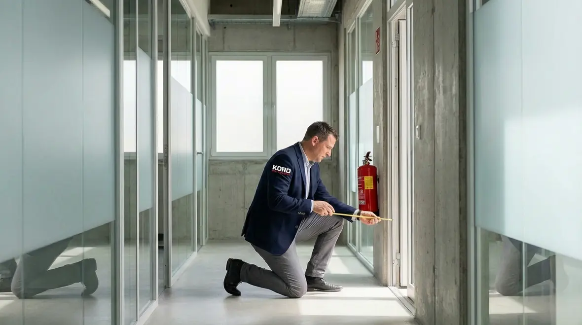 Fire extinguishers installed in an Anaheim commercial building corridor