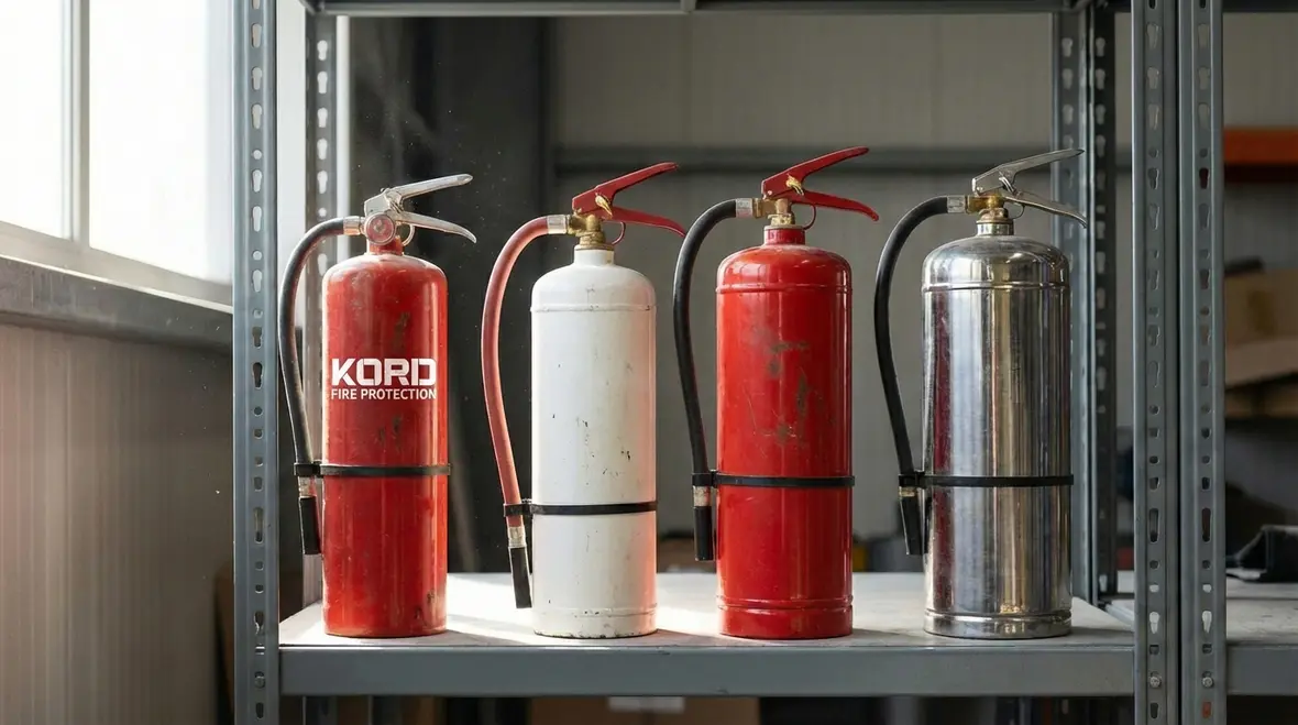 Different fire extinguisher types arranged for hazard assessment in Anaheim