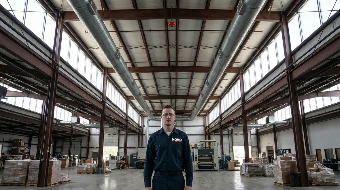 Diagram of heat movement and detector spacing in a high ceiling warehouse