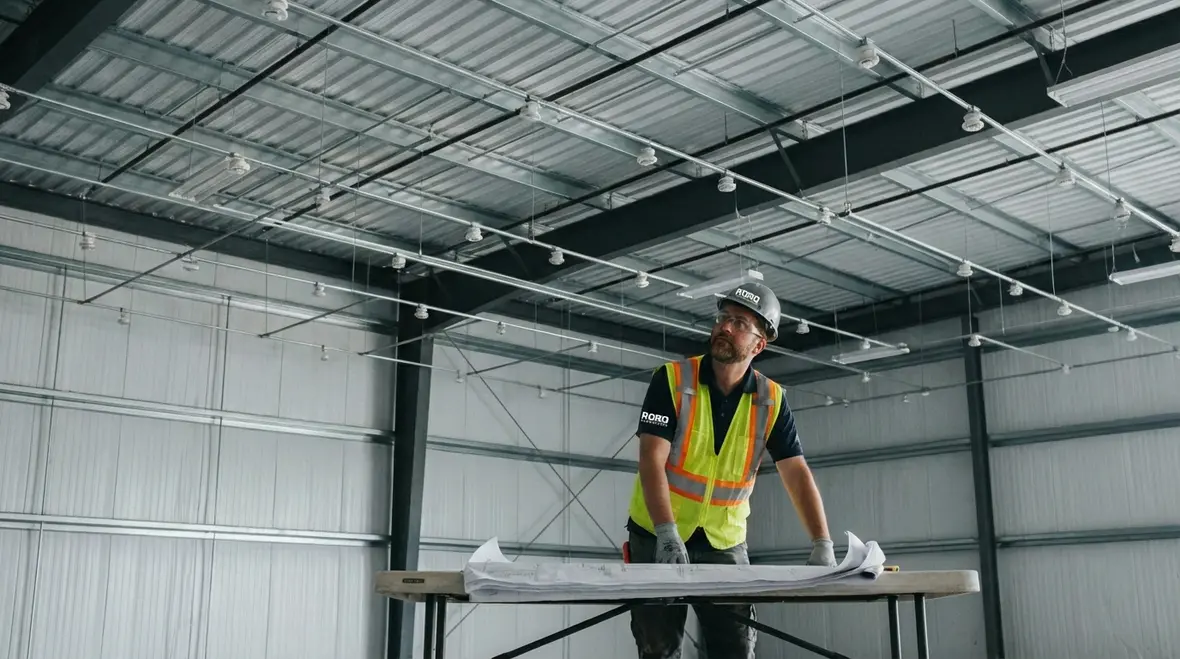 Heat detectors installed on a tall Anaheim warehouse ceiling