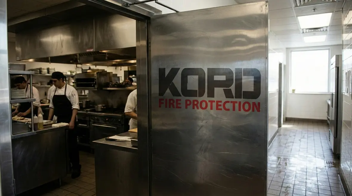 Technician inspecting commercial kitchen fire door assembly