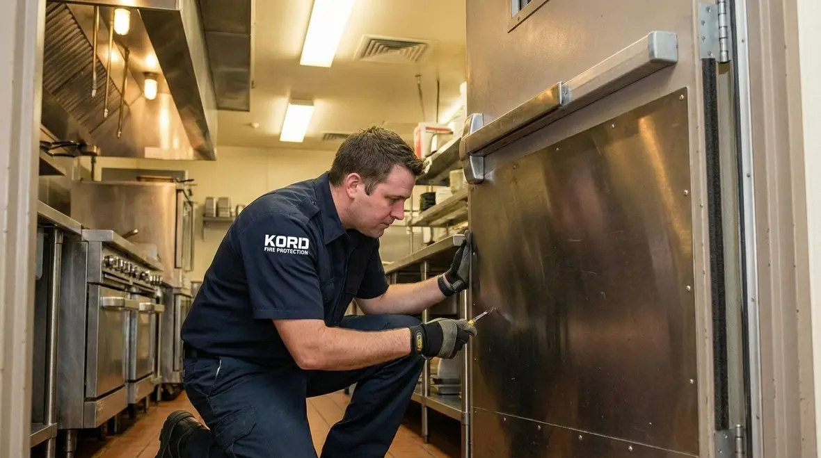 Inspector checking NFPA 80 compliance on a kitchen fire door label