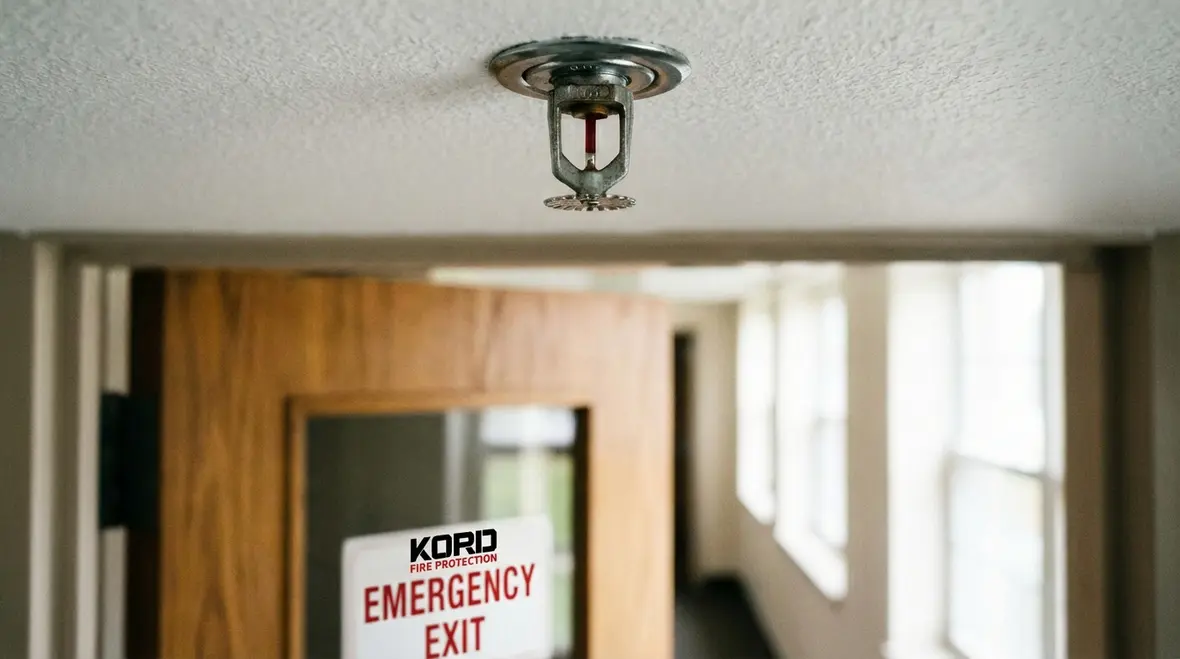 Close-up of a fire sprinkler head and ceiling mounting