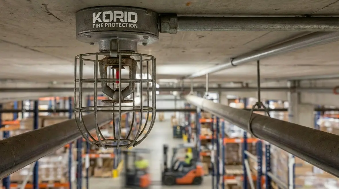 Door near a recessed fire sprinkler showing safe impact-free clearance