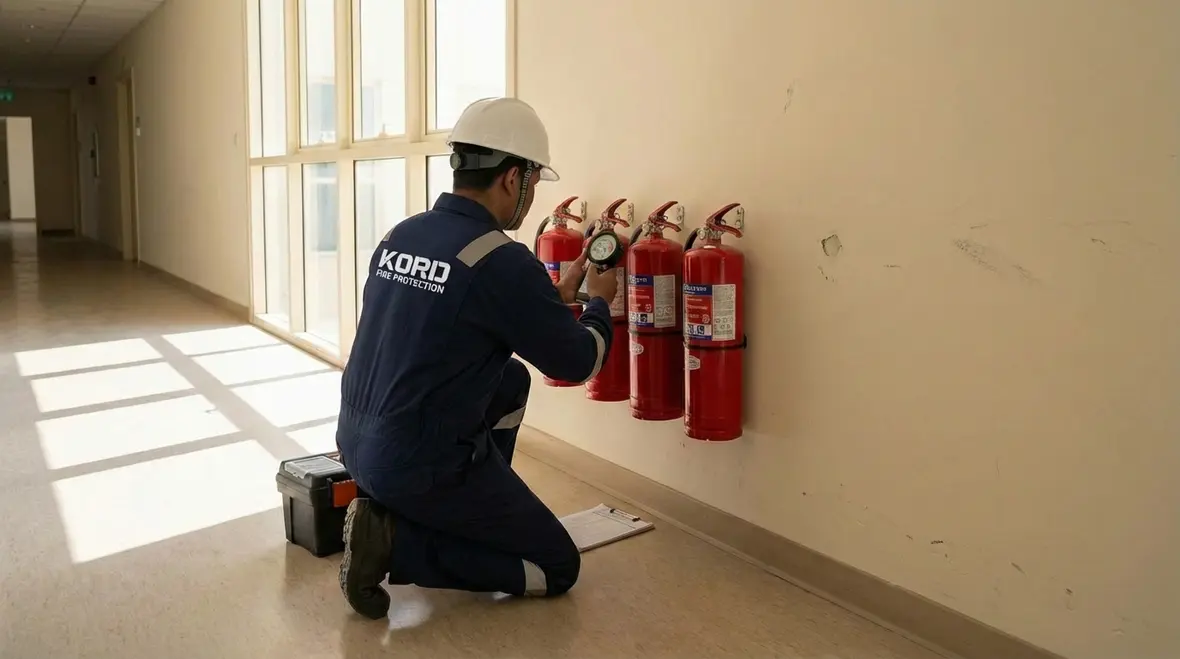 Close up of fire extinguisher pressure gauge during recharging