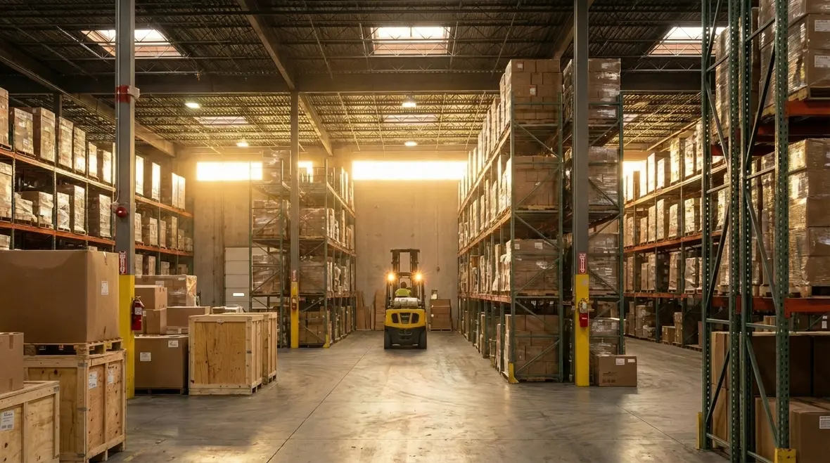 Interior of a Fontana warehouse with advanced fire protection systems installed