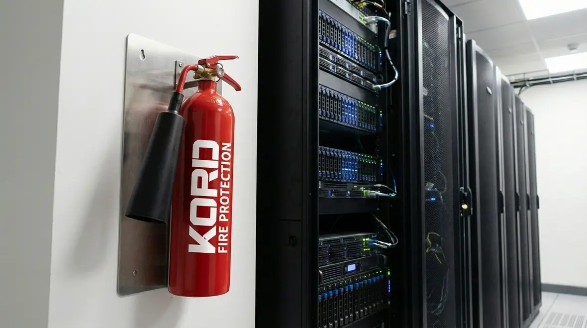 Office CO2 fire extinguisher near electrical equipment