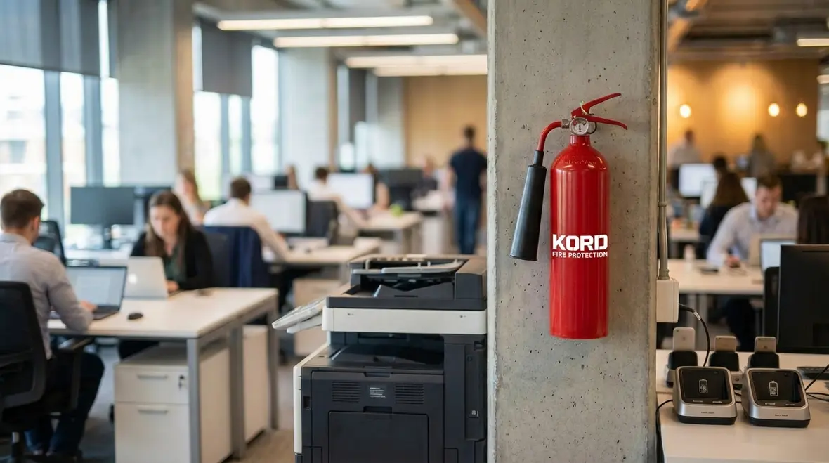 Technician explaining CO2 extinguisher horn and safety