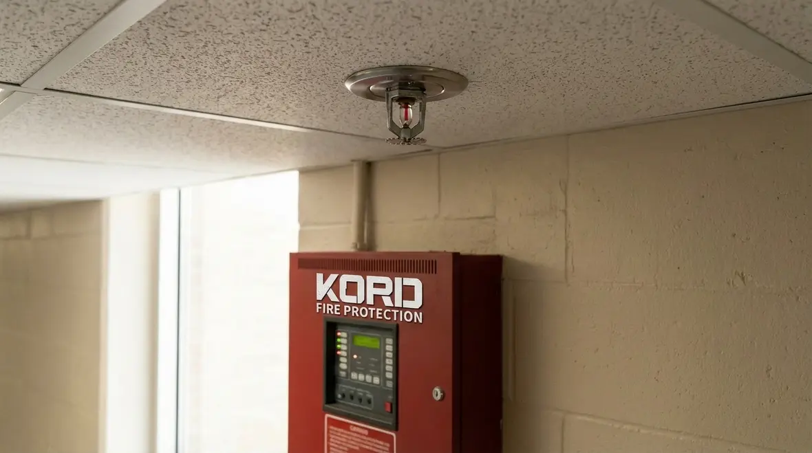 Technician reviewing California fire code requirements for a commercial building