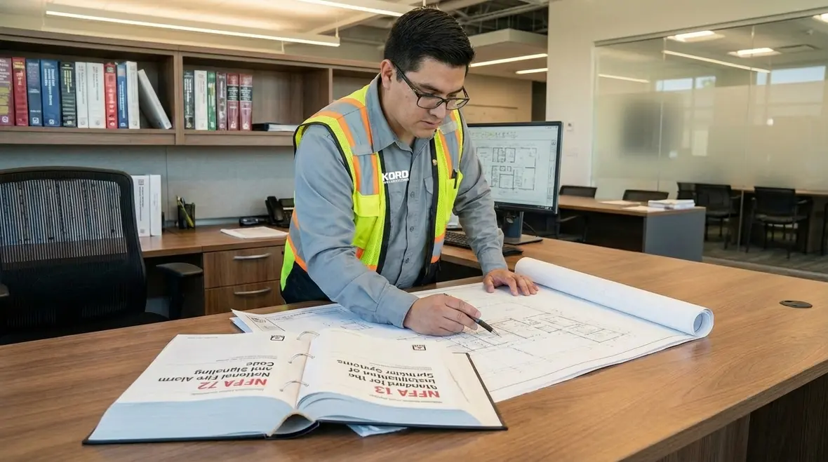 Technician reviewing NFPA and California fire code plans