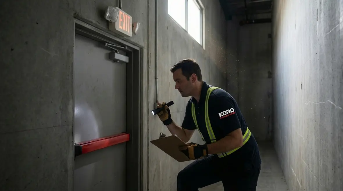 Emergency exit corridor in a California commercial building