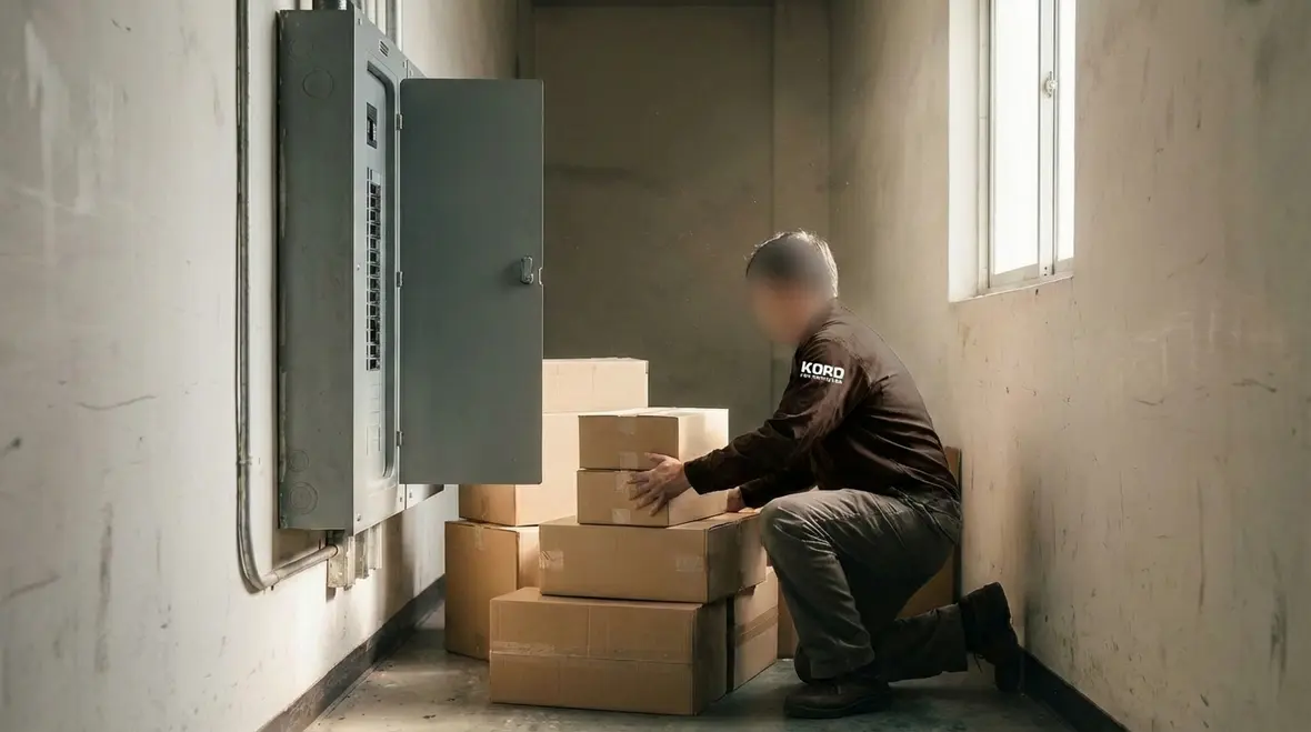 Technician inspecting fire alarm and sprinkler equipment