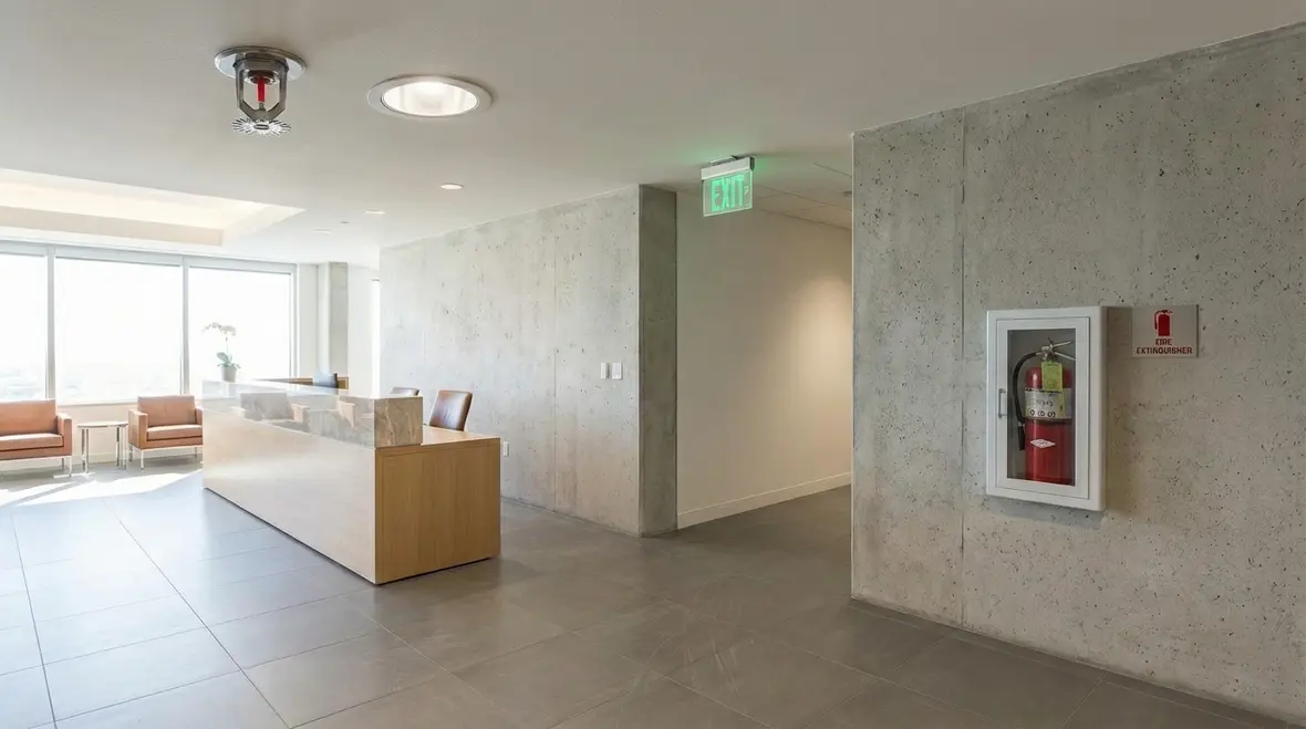 Fire alarm panel and sprinkler riser in an Irvine building