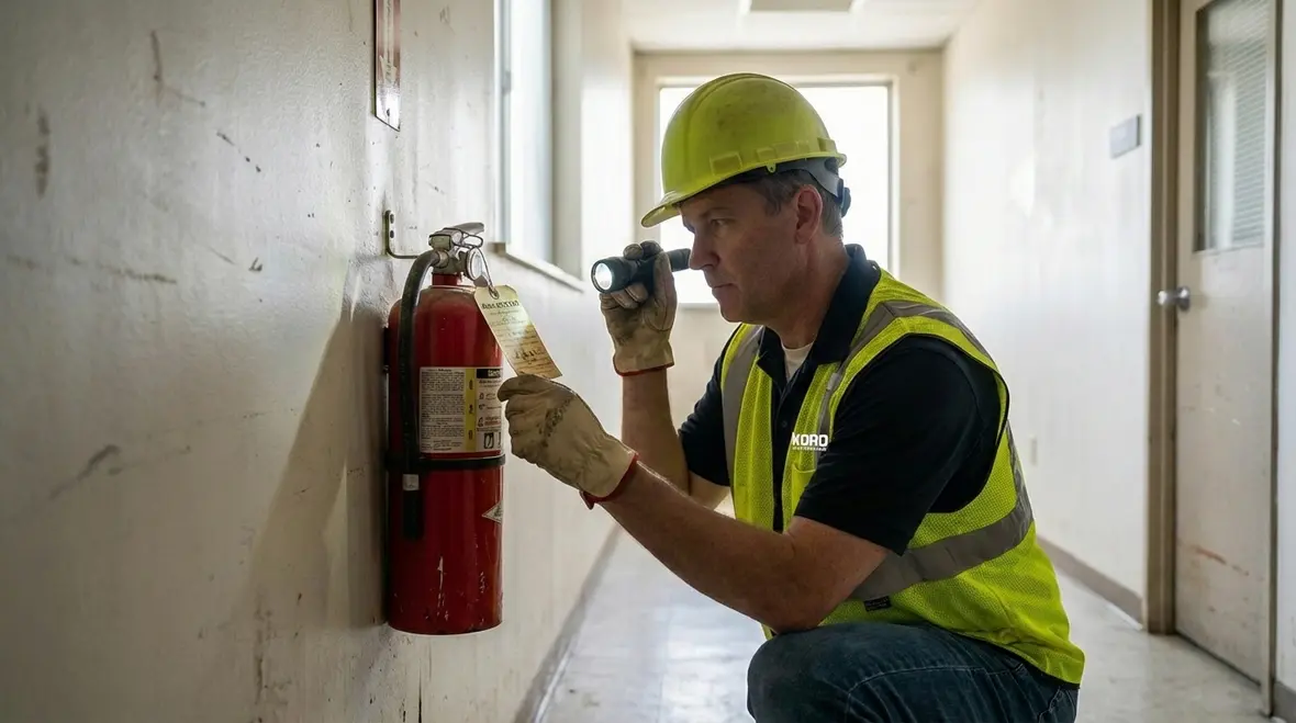 Row of inspected fire extinguishers with updated tags