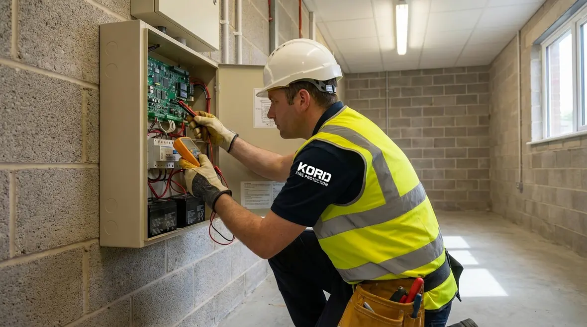 Technician reviewing a commercial fire inspection checklist