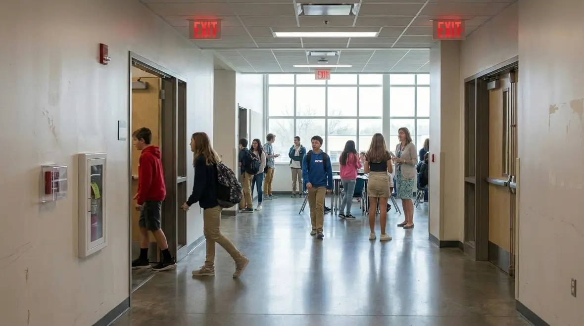 School hallway with clearly marked fire exits and alarms