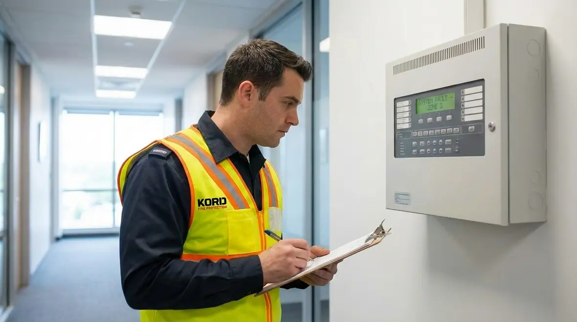 Fire watch guard inspecting exits and fire extinguishers