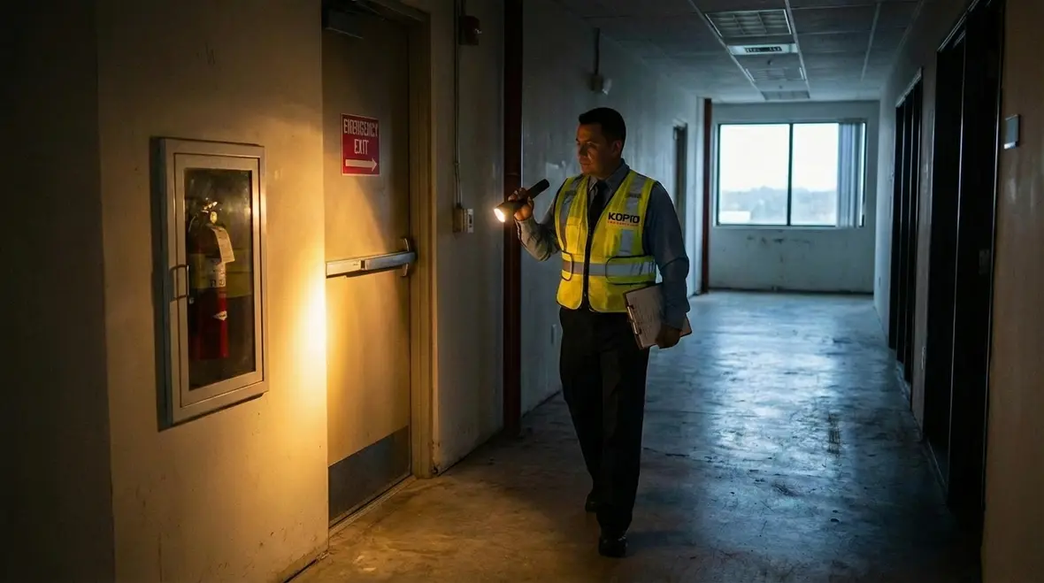 Professional fire watch guard on patrol in California building