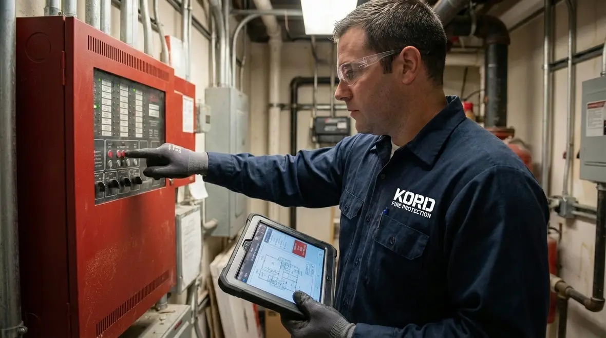 California inspector reviewing commercial fire alarm and sprinkler systems