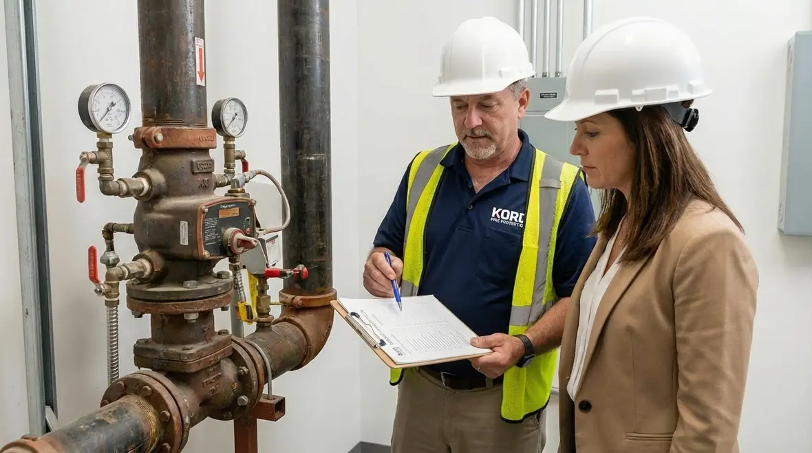 Technician performing a five year fire sprinkler inspection in Orange County