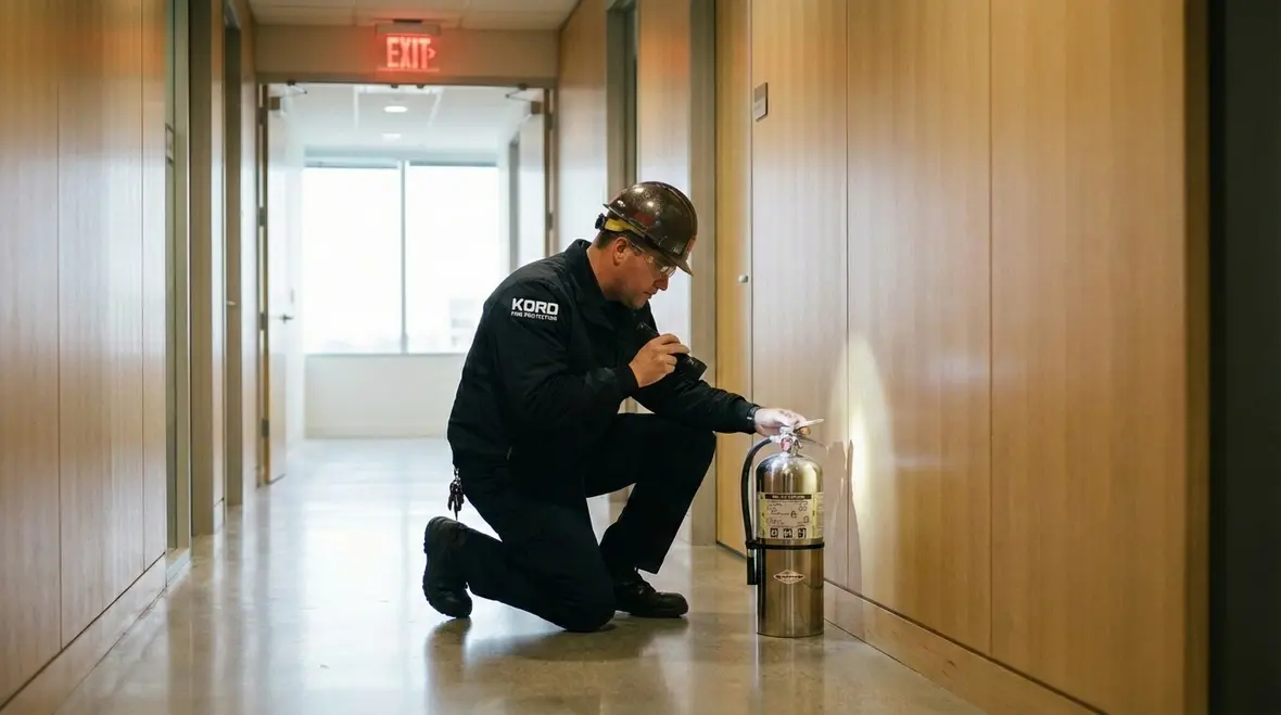 Fire inspector reviewing life safety systems checklist