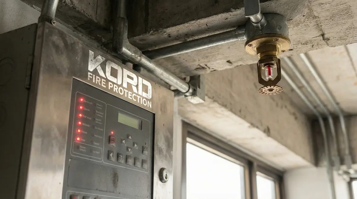 Technician testing fire alarm and sprinkler riser