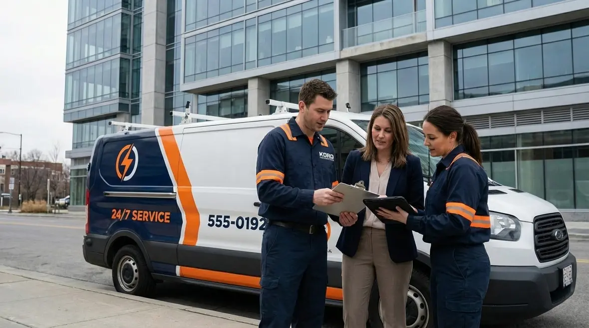 Kord Electric technicians reviewing electrical plans on site