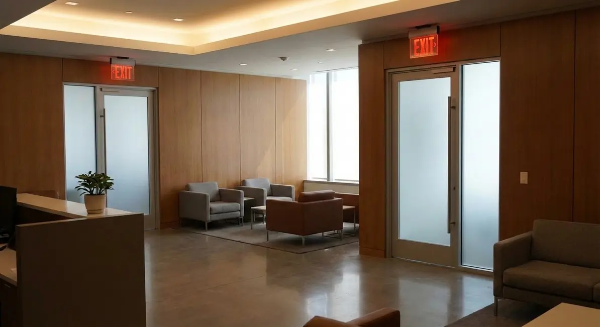 Hallway with clearly visible exit sign meeting NFPA 101 requirements