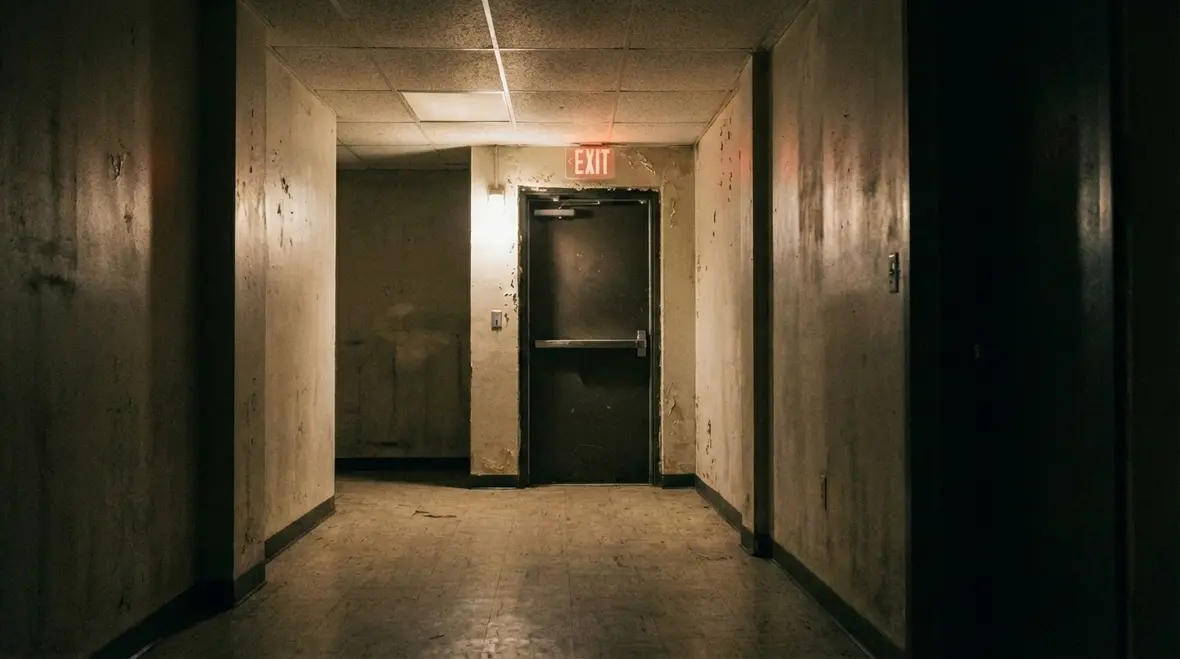 Technician inspecting illuminated exit sign in corridor