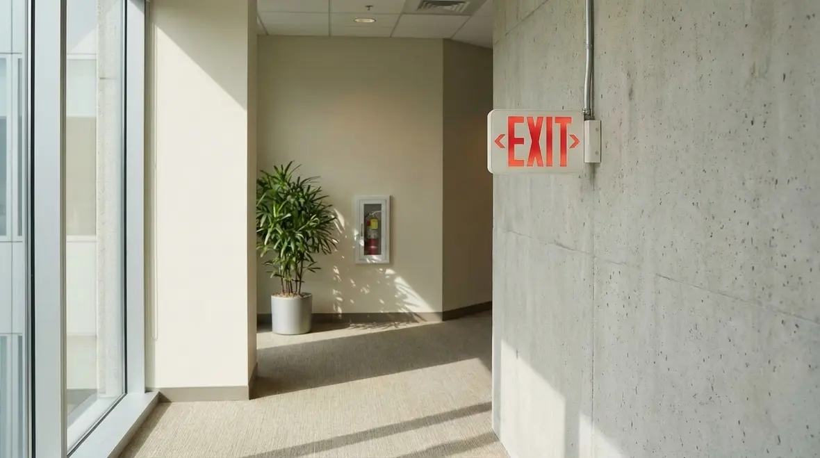 Exterior discharge path with exit sign and egress lighting