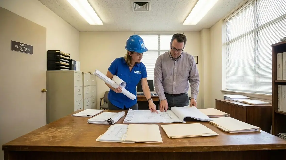 Inspector reviewing fire protection documents on site