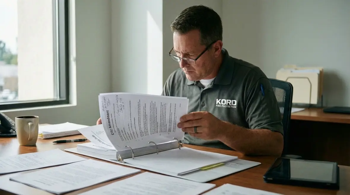 Technician reviewing Los Angeles and Orange County fire code plans
